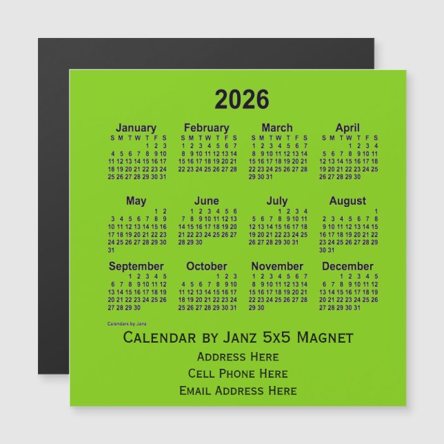 2026 Yellow Green Business Calendar von Janz Magnetkarte (Vorne/Hinten)