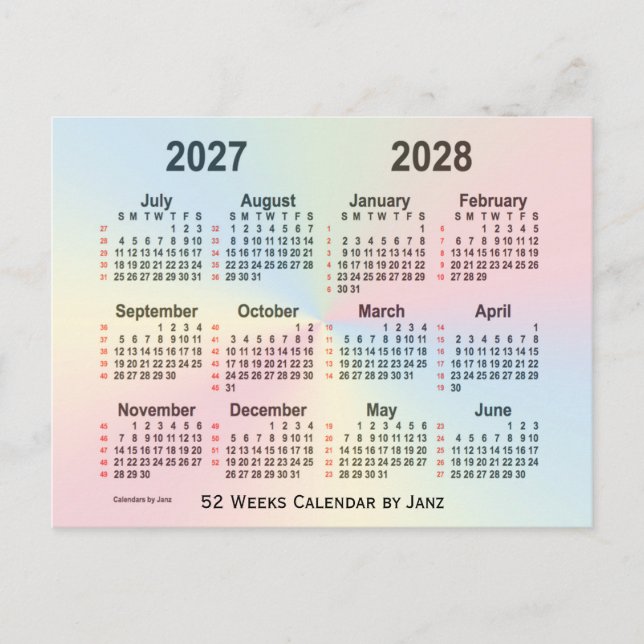 2027-2028 Rainbow 52 Weeks Calendar by Janz Postkarte (Vorderseite)