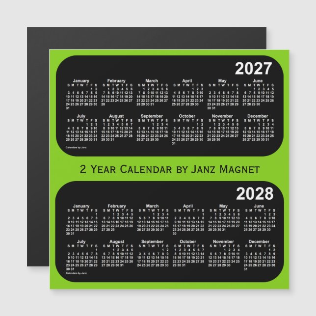 2027-2028 Yellow Green 2 Year Calendar by Janz Magnetkarte (Vorne/Hinten)