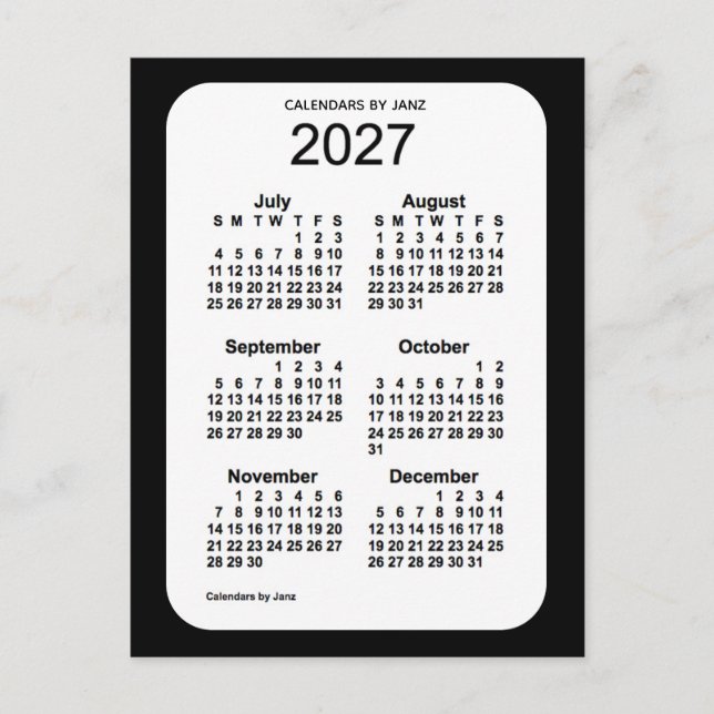 2027 Black 6 Month Mini Kalender von Janz Postkarte (Vorderseite)