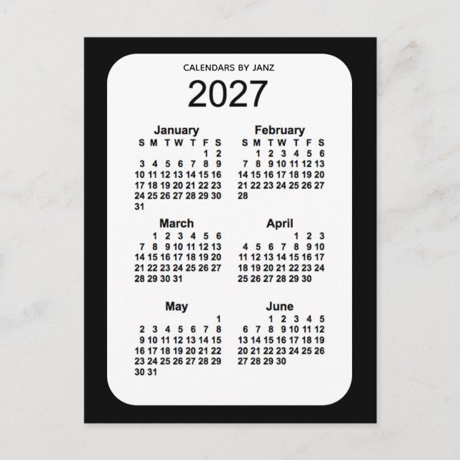 2027 Black 6 Month Mini Kalender von Janz Postkarte (Vorderseite)