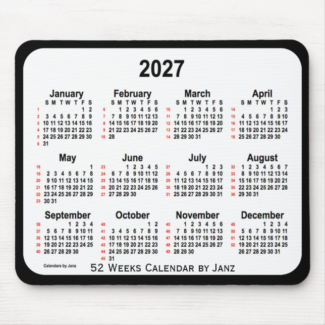 2027 Black Two Tone 52 Weeks Calendar von Janz Mousepad (Vorne)
