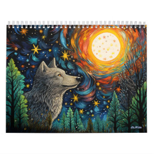 2027 Buntglas-Wald-Wolf-mit-Mond-Kalender Kalender