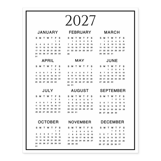 2027 Calendar #2 Four Rows, Three Columns Gummistempel (Prägung)