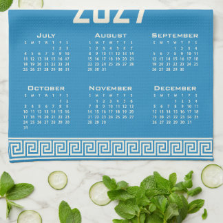 2027 Calendar, Greek Fret, Cosmic Latte on Blue Geschirrtuch