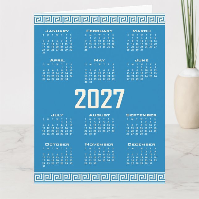 2027 Calendar, Greek Fret, Cosmic Latte on Blue Karte (Vorderseite)