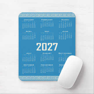 2027 Calendar, Greek Fret, Cosmic Latte on Blue Mousepad