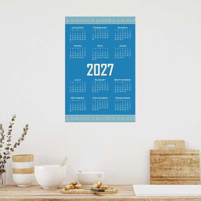 2027 Calendar, Greek Fret, Cosmic Latte on Blue Poster (Küche)