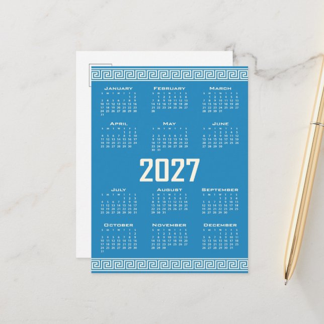 2027 Calendar, Greek Fret, Cosmic Latte on Blue Postkarte (Vorderseite/Rückseite Beispiel)