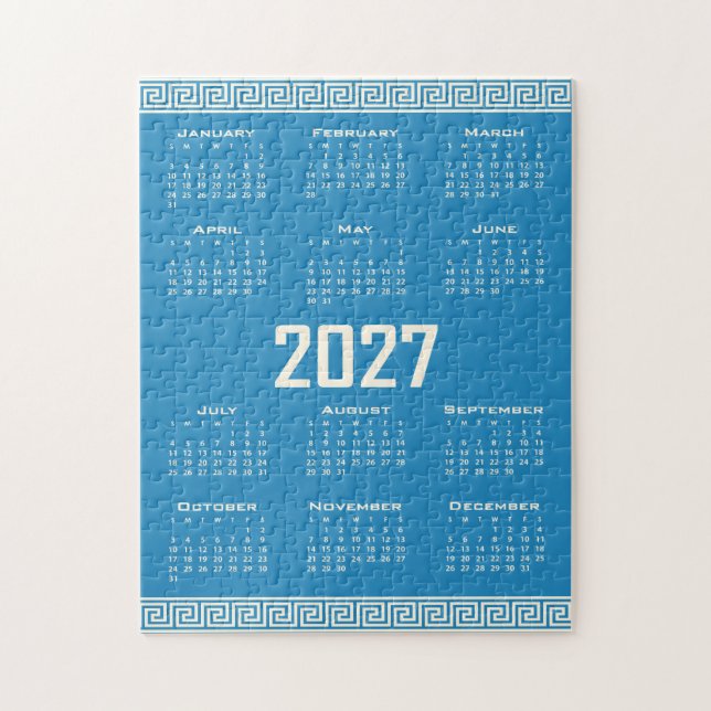 2027 Calendar, Greek Fret, Cosmic Latte on Blue Puzzle (Vertikal)