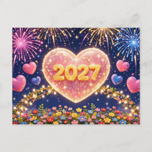 2027 Frohes Neues Jahr Feuerwerk Herz Blumen Postkarte