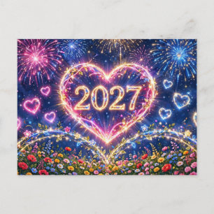2027 Frohes Neues Jahr Feuerwerk Herz Blumen Postkarte