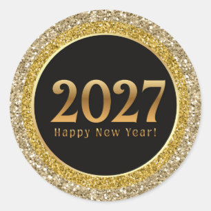 2027 frohes neues Jahr, goldene schwarze metallisc Runder Aufkleber