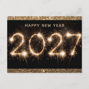 2027 Frohes Neues Jahr Modern Schwarz und Gold Gla Postkarte