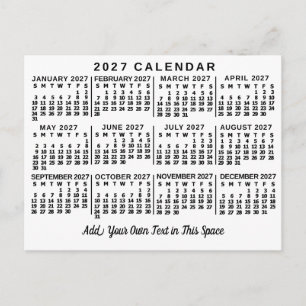 2027 Jahres-Monats-Kalender Klassisch Weiß und Sch Postkarte