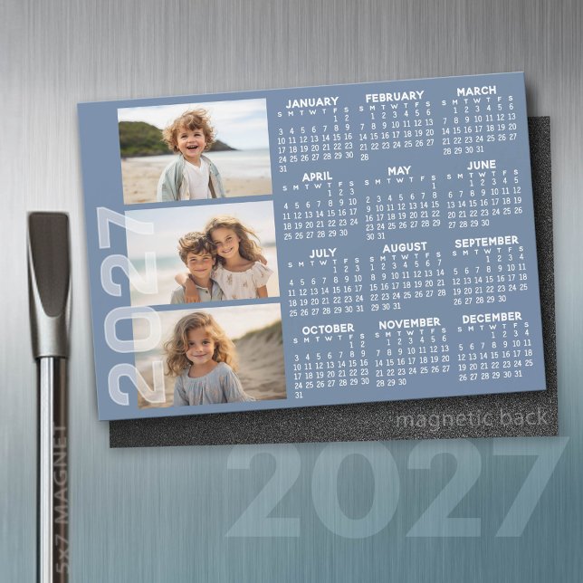 2027 Kalender - 3 Fotos Basic Blau Minimal Magnet (2027 Calendar on a magnet)
