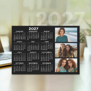 2027 Kalender 3 Fotos Basic Schwarz Minimal Feiertagskarte