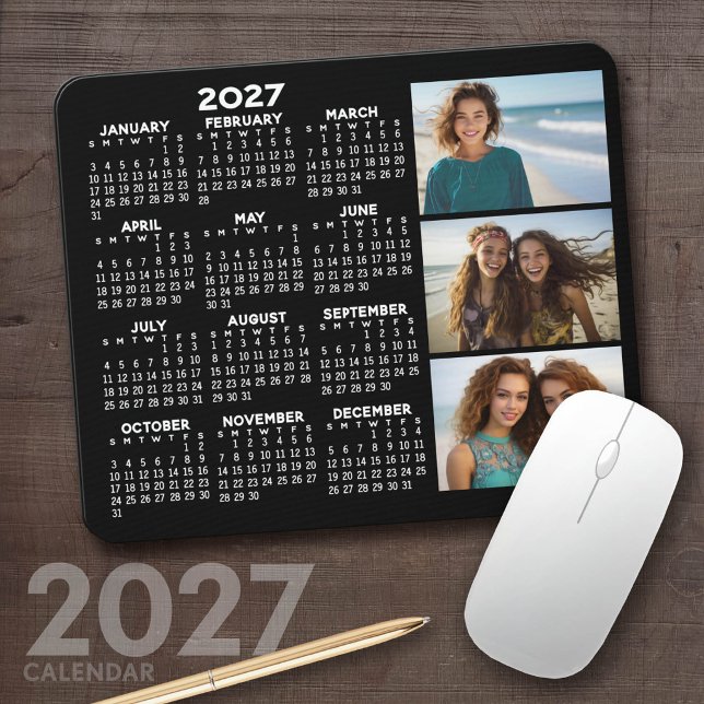 2027 Kalender 3 Fotos Basic Schwarz Minimal Mousepad (2027 Calendar Mousepad)