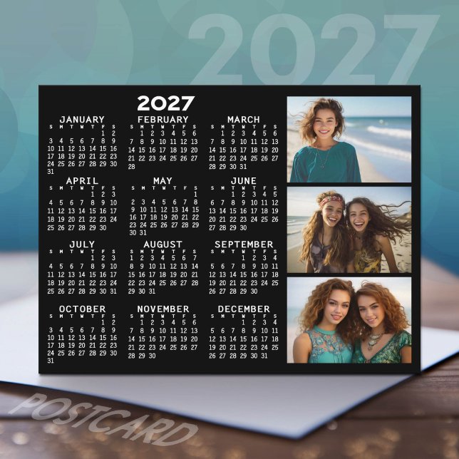 2027 Kalender 3 Fotos Basic Schwarz Minimal Postkarte (2027 Calendar Postcard with photo)