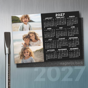 2027 Kalender - 3 Fotos - Einfacher schwarzer Magn Magnetkarte