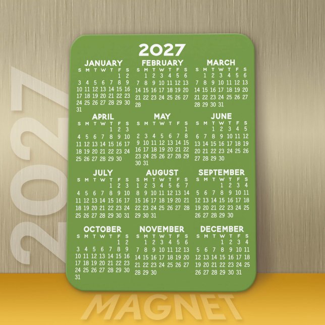 2027 Kalender - Basic Minimal Grün Weiß Modern Magnet (Modern 2027 Calendar Magnet)