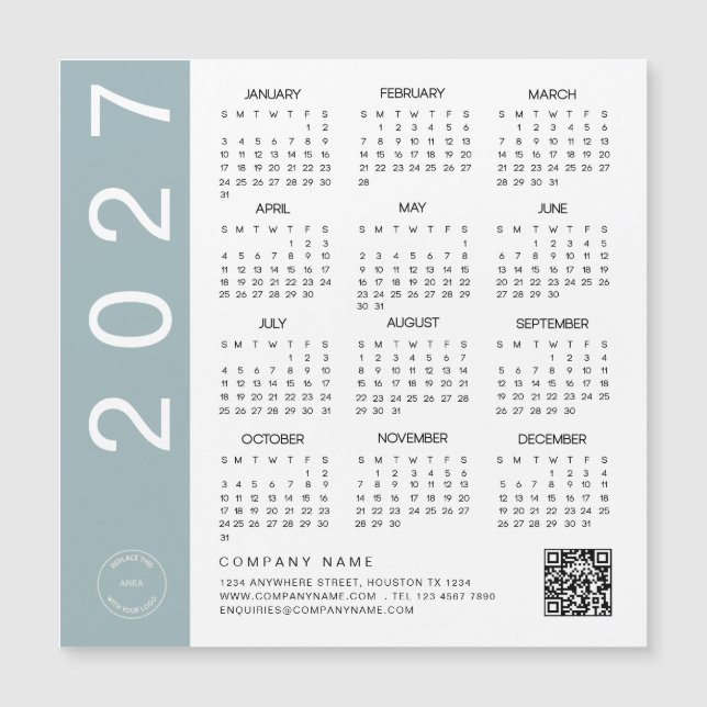 2027 Kalender Blaue Umrandung QR-Code Firmenlogo Magnetkarte (Vorderseite)