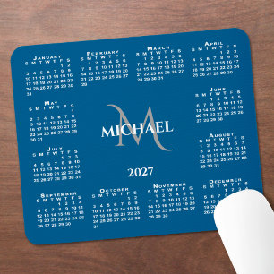 2027 Kalender Chic Monogramm Name auf Blau Mousepad