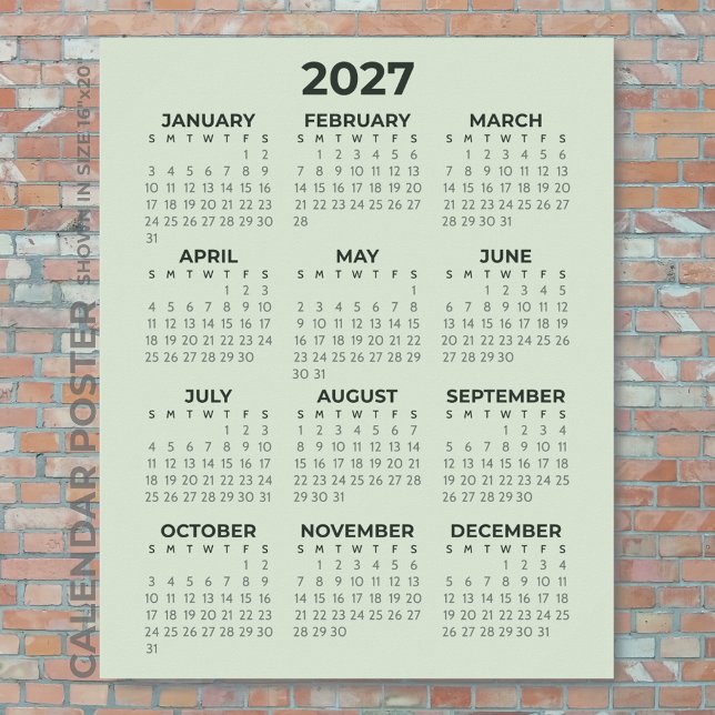 2027 Kalender Einfach Basic Salbeigrün Wand Poster (Von Creator hochgeladen)