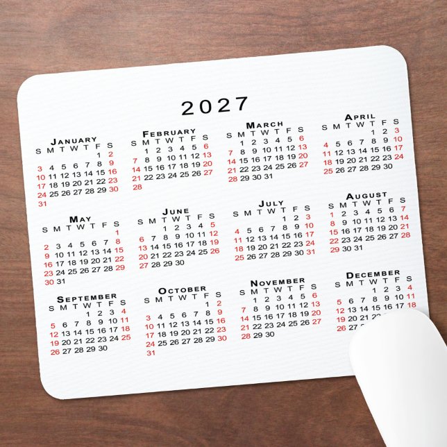 2027 Kalender Einfach Weiß Schwarz Rot Mousepad (2027 Calendar Simple White Black Red Mouse Pad in situ)