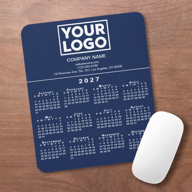 2027 Kalender Firmenlogo Text Navyblau Mousepad (2027 Calendar Company Logo Text Navy Blue Mouse Pad in situ)