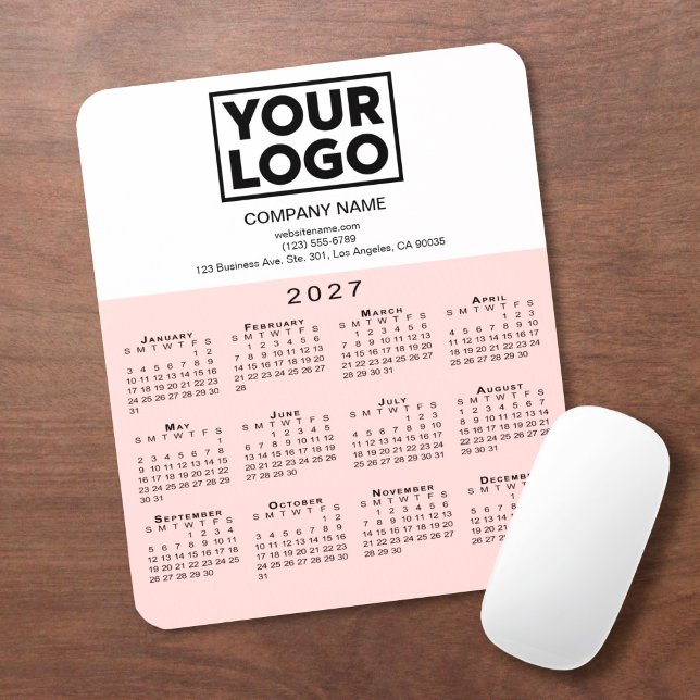 2027 Kalender Firmenlogo Text Pink Weiß Mousepad (2027 Calendar Company Logo Text Pink White Mouse Pad in situ)