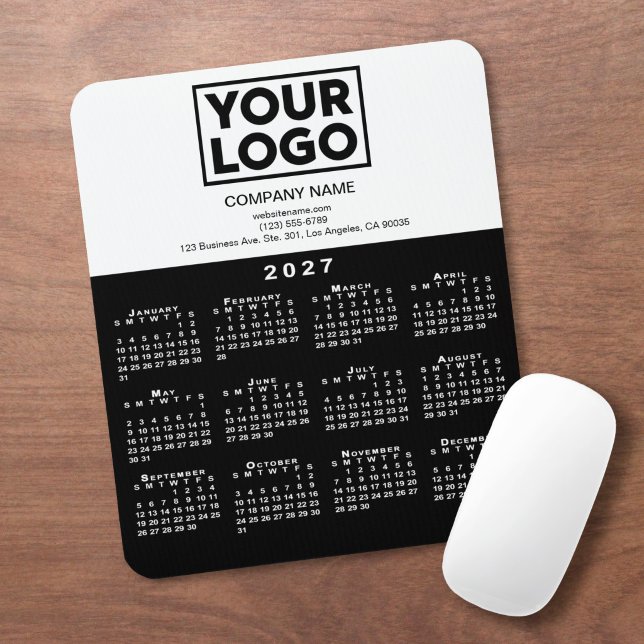 2027 Kalender Firmenlogo Text Schwarz Weiß Mousepad (2027 Calendar Company Logo Text Black White Mouse Pad in situ)