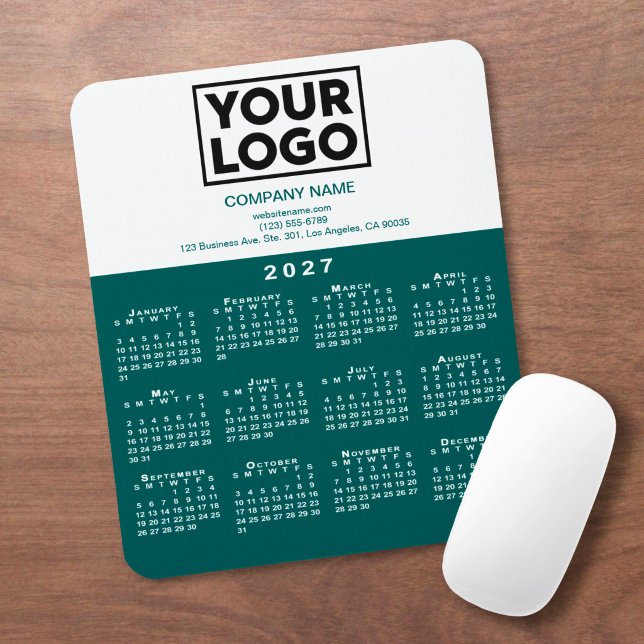 2027 Kalender Firmenlogo Text Türkis Weiß Mousepad (2027 Calendar Company Logo Text Teal White Mouse Pad in situ)