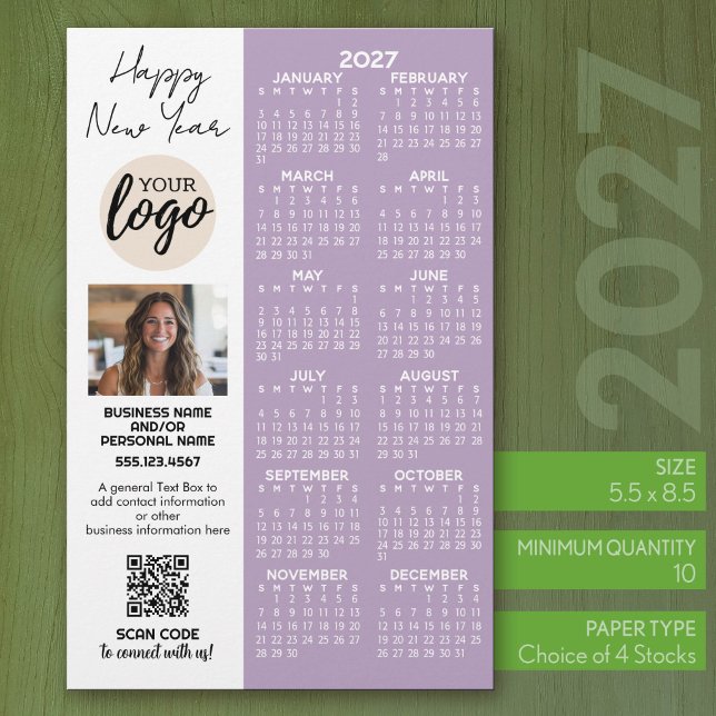 2027 Kalender für Office-Logo, QR-Code, Foto Plus Briefpapier (2027 Calendar on 1/2 sheet paper)