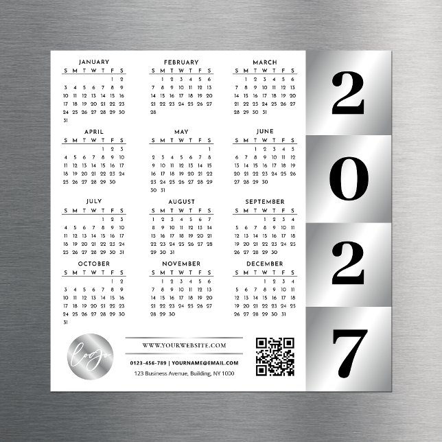 2027 Kalender Geschäft Logo QR Code Chrome Silber Magnetkarte (Von Creator hochgeladen)