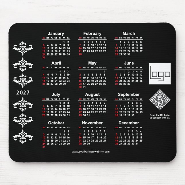 2027 Kalender Geschäft Logo QR Code Schwarz Barock Mousepad (Vorne)