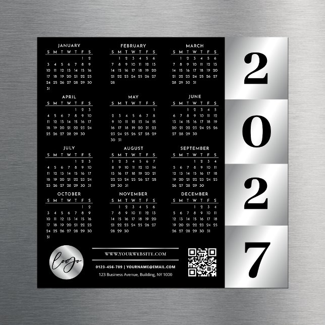 2027 Kalender Geschäft Logo QR Code Schwarz & Silb Magnetkarte (Von Creator hochgeladen)