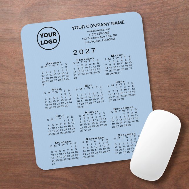 2027 Kalender Geschäft Logo Text Hellblau Mousepad (2027 Calendar Business Logo Text Light Blue Mouse Pad in situ)