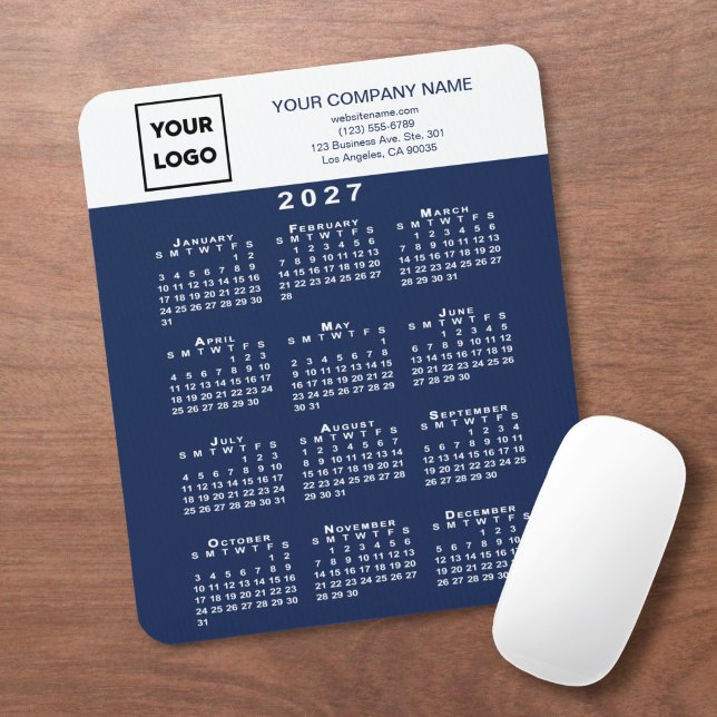 2027 Kalender Geschäft Logo Text Marineblau Weiß Mousepad (2027 Calendar Business Logo Text Navy Blue White Mouse Pad in situ)