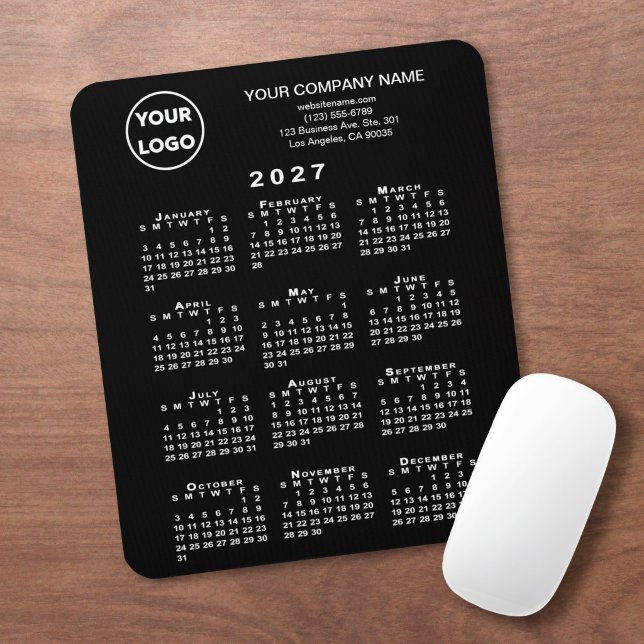 2027 Kalender Geschäft Logo und Text Schwarz Mousepad (2027 Calendar Business Logo and Text Black Mouse Pad in situ)