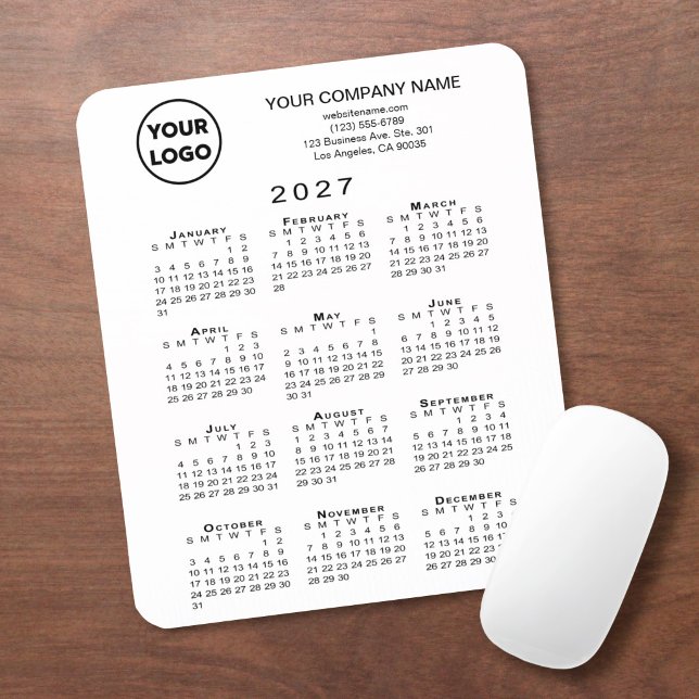 2027 Kalender Geschäft Logo und Text Weiß Mousepad (2027 Calendar Business Logo and Text White Mouse Pad in situ)