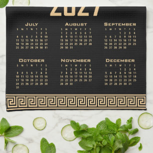 2027 Kalender, Griechisches Fret, Beige auf Schwar Geschirrtuch