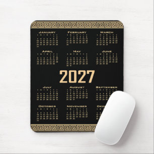 2027 Kalender, Griechisches Fret, Beige auf Schwar Mousepad