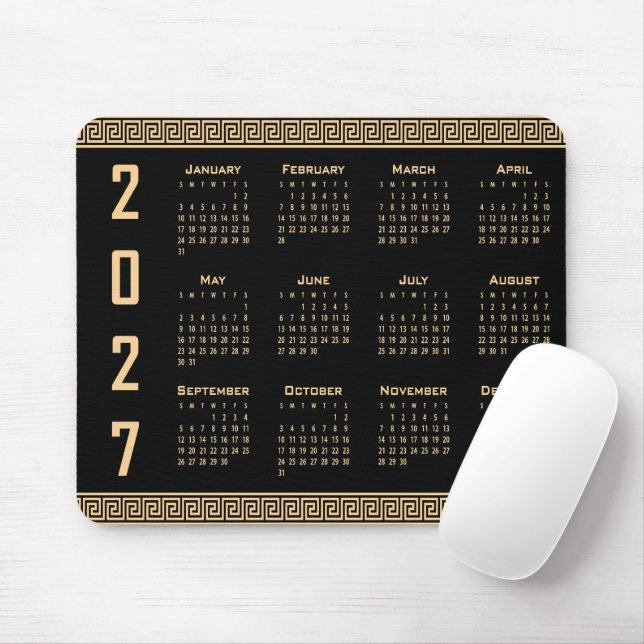 2027 Kalender, Griechisches Fret, Beige auf Schwar Mousepad (Mit Mouse)