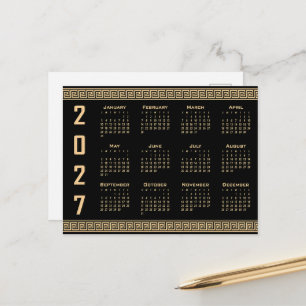 2027 Kalender, Griechisches Fret, Beige auf Schwar Postkarte