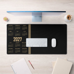 2027 Kalender, Griechisches Fret, Beige auf Schwar Schreibtischunterlage
