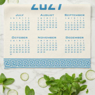 2027 Kalender, Griechisches Fret, Blau auf Cosmic Geschirrtuch