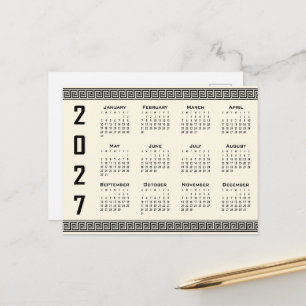 2027 Kalender, Griechisches Fret, Schwarz auf Beig Postkarte