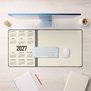 2027 Kalender, Griechisches Fret, Schwarz auf Cosm Schreibtischunterlage