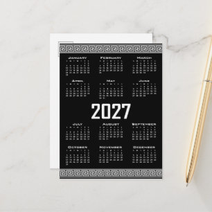 2027 Kalender, Griechisches Fret, Weiß auf Schwarz Postkarte
